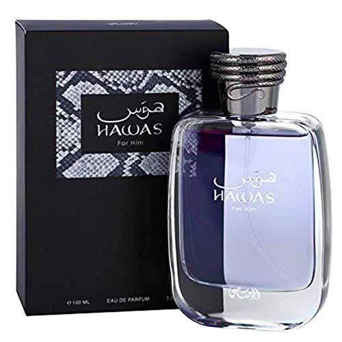 Rasasi Hawas Men Eau de Parfum spray bottle, 100ml, with sleek packaging and fragrance details visible.