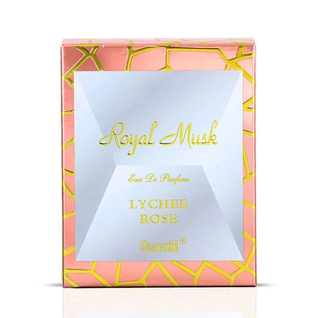 Surrati Royal Musk Lychee Rose Eau de Parfum spray 100ml bottle with elegant packaging and floral and musk scent elements