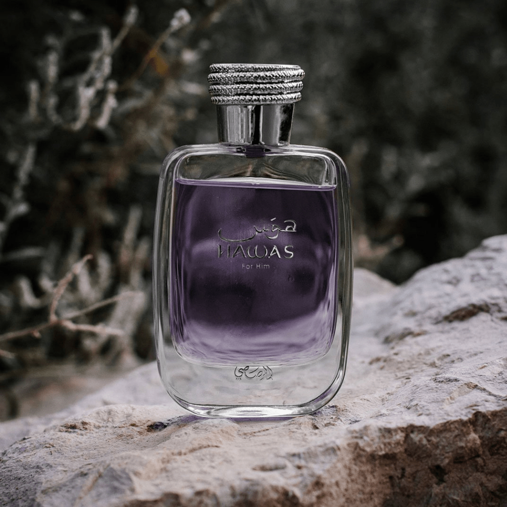 Rasasi Hawas for Men Eau de Parfum spray 100ml with sleek bottle, ideal for sophisticated men's fragrance collection.