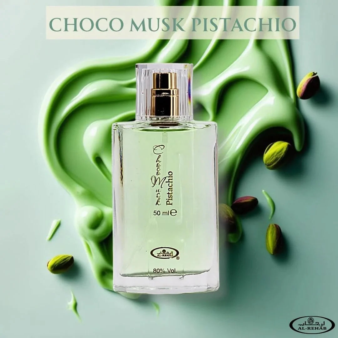 Al Rehab Choco Musk Pistachio Eau de Parfum Spray 50ml with elegant bottle, showcasing the luxurious fragrance and branding.