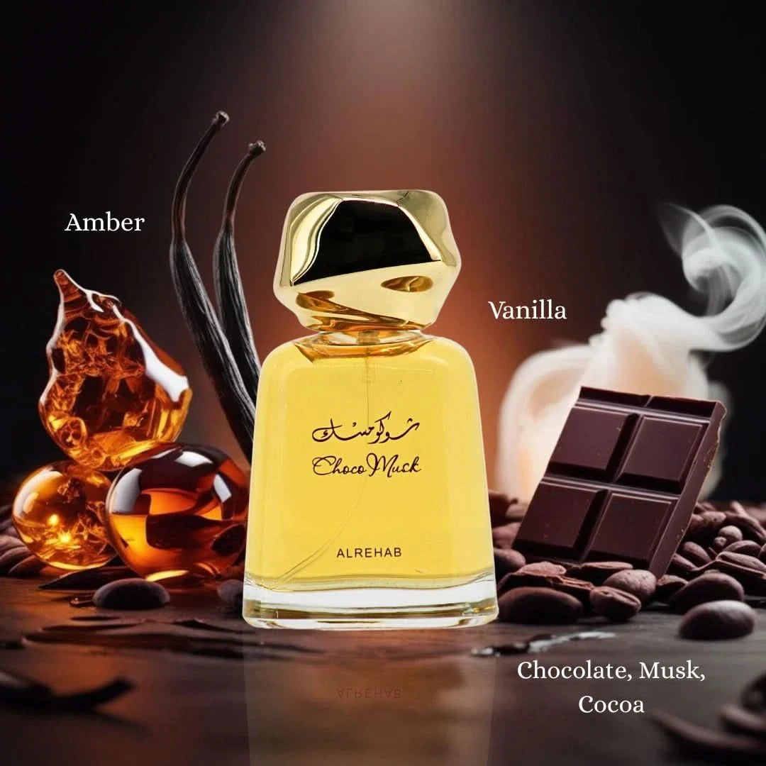 Al Rehab Choco Musk Eau de Parfum spray bottle, 100ml, with elegant packaging and a chocolate musk fragrance.