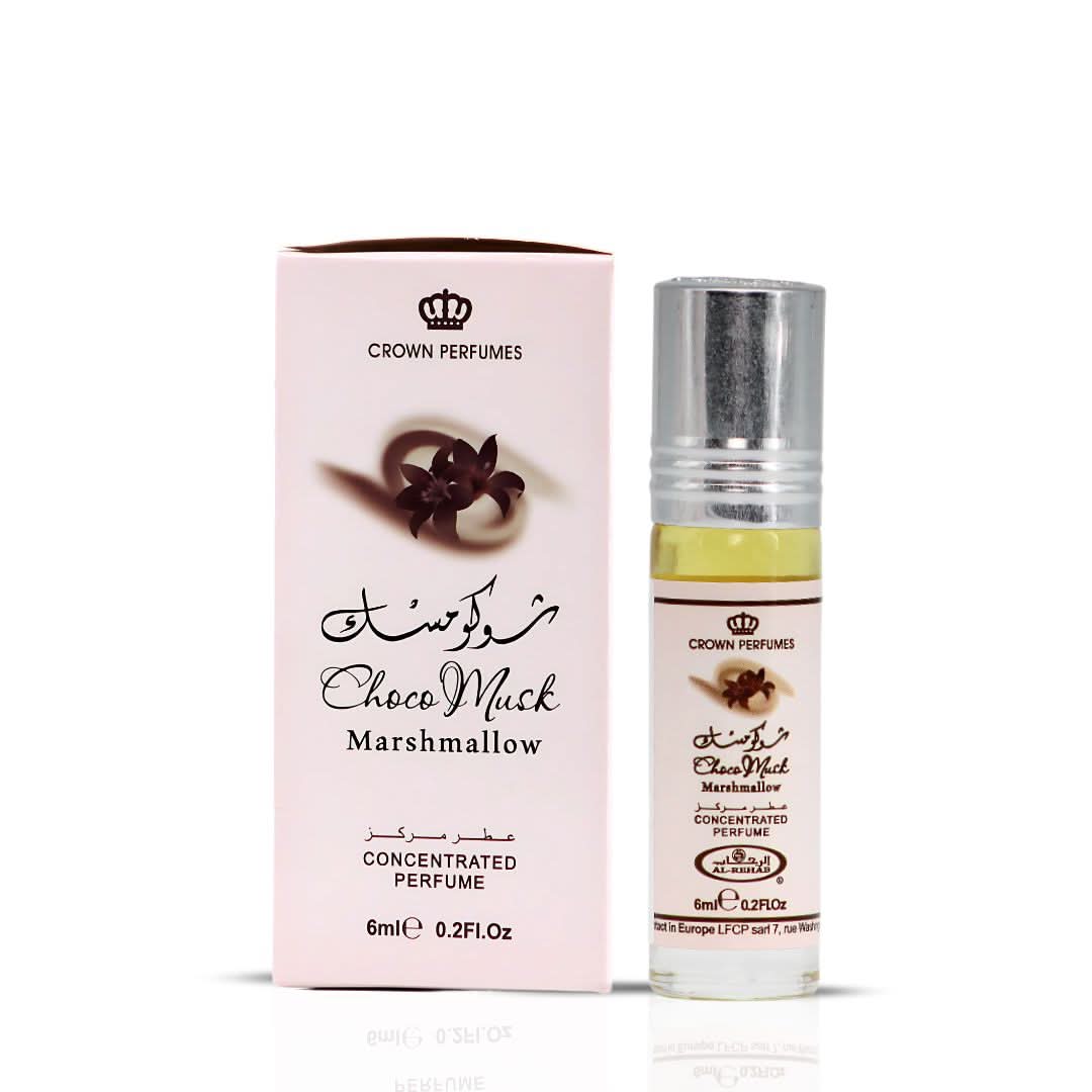 Bundle of three 6ml Choco Musk Marshmallow perfume oils by Al Rehab, featuring small glass bottles with spray caps and decorative labels.