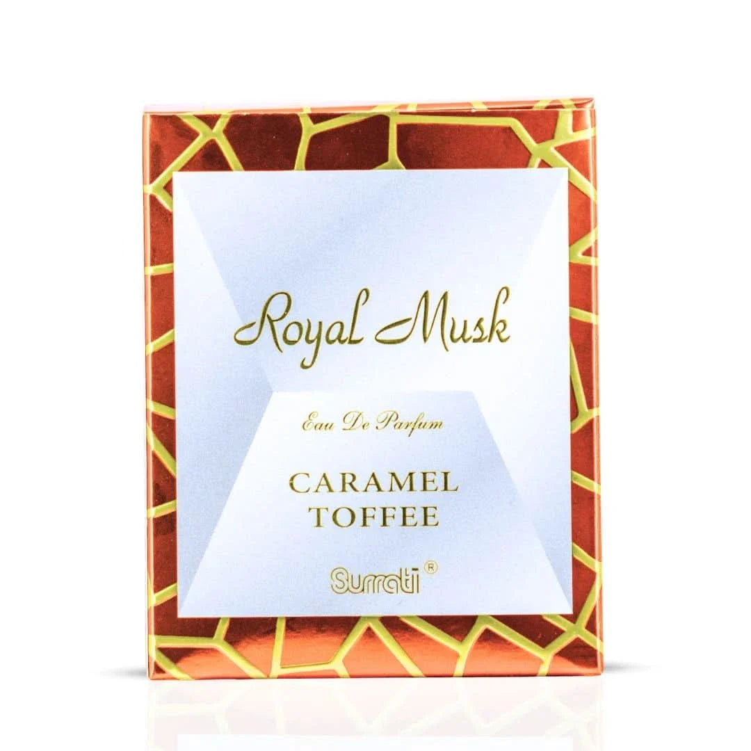 Surrati Royal Musk Caramel Toffee Eau de Parfum spray bottle, 100ml, with elegant packaging and golden accents.