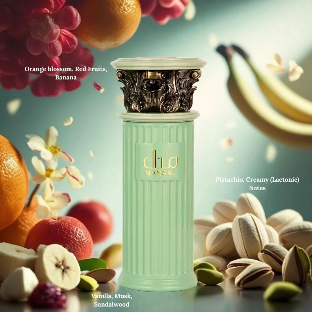 Bottle of Manaal Eau de Parfum Spray by Ard Al Zaafaran, 100ml, with elegant packaging and floral fragrance details.