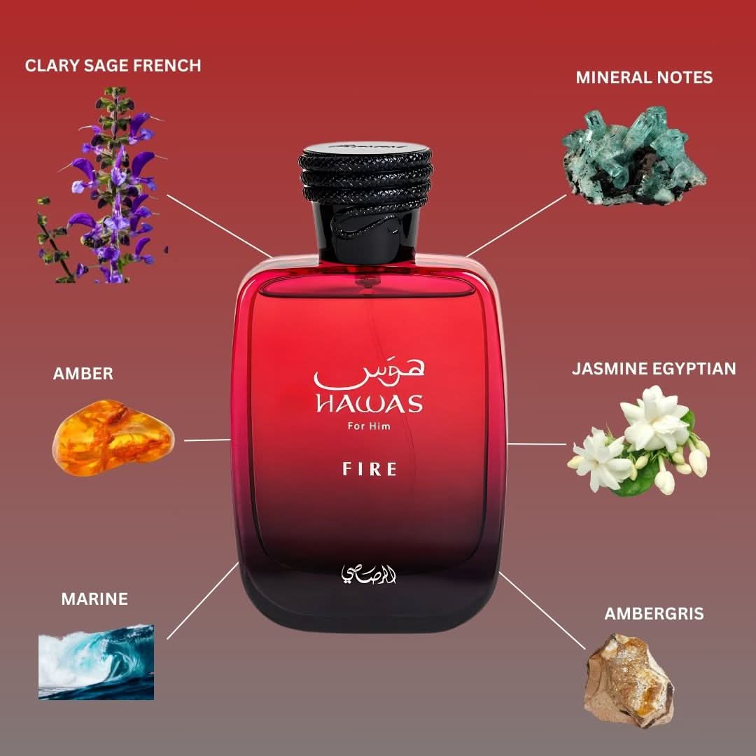 Rasasi Hawas Fire for Him Eau de Parfum spray, 100ml bottle, with sleek packaging and fragrance flacon.