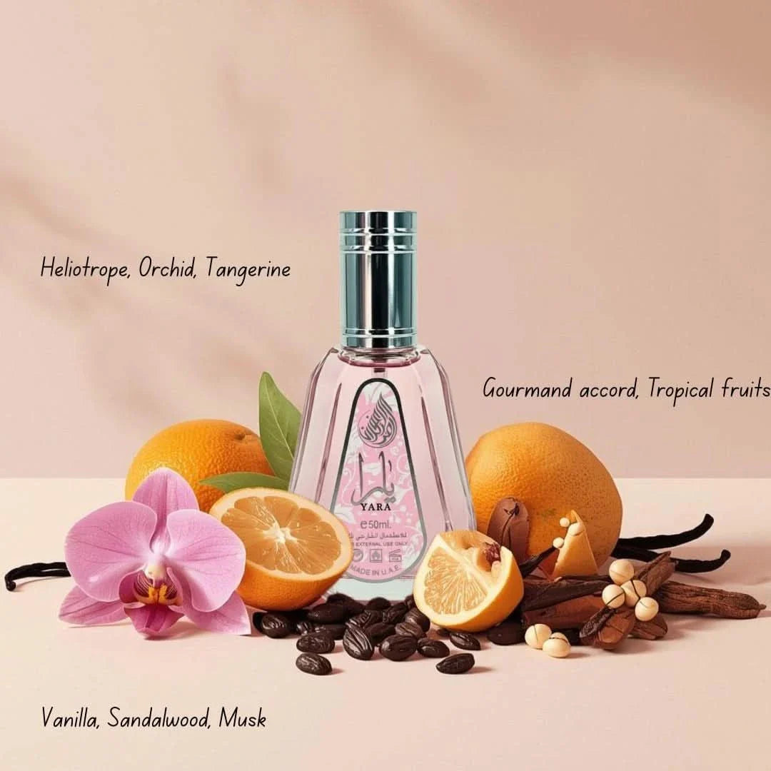 Bundle of Ard Al Zaafaran Pink Blush Shams Al Emarat 100ml and Yara 50ml Eau de Parfum sprays, featuring elegant perfume bottles.