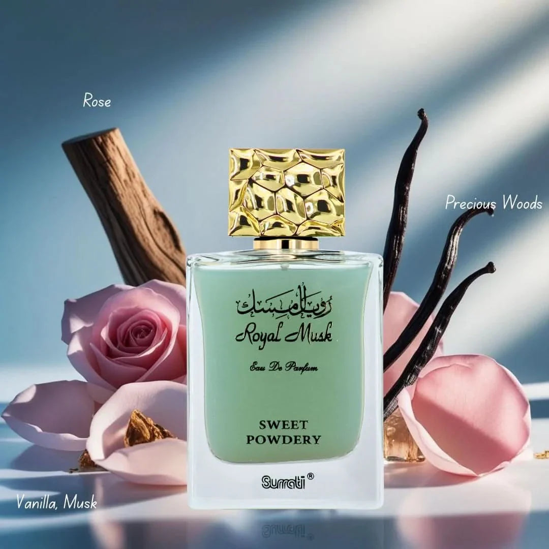Surrati Royal Musk Sweet Powdery Eau de Parfum spray bottle, 100ml, with elegant packaging and branding visible.