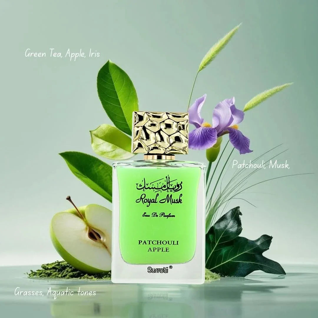 Surrati Royal Musk Patchouli Apple Eau de Parfum spray bottle, 100ml, with elegant packaging and floral Musk, Patchouli, and Apple notes.