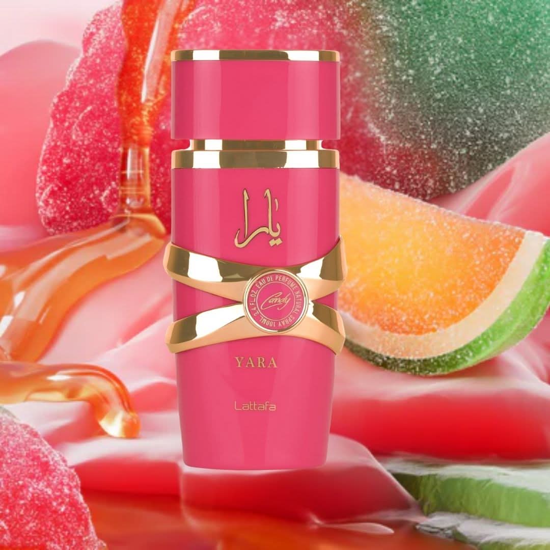 Yara Candy Eau de Parfum spray by Lattafa, 100ml bottle with a sleek design and colorful floral accents on the packaging