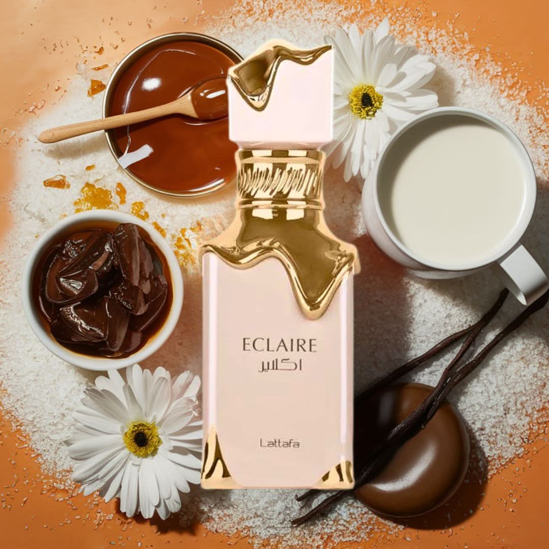 Lattafa Eclaire Eau de Parfum spray 100ml bottle, elegant packaging with a sleek design, showcasing the fragrance inside.