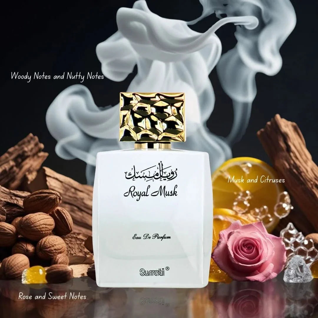 Surrati Royal Musk Eau de Parfum spray 100ml bottle, elegant packaging with a sleek design, showcasing the fragrance's luxurious appeal.
