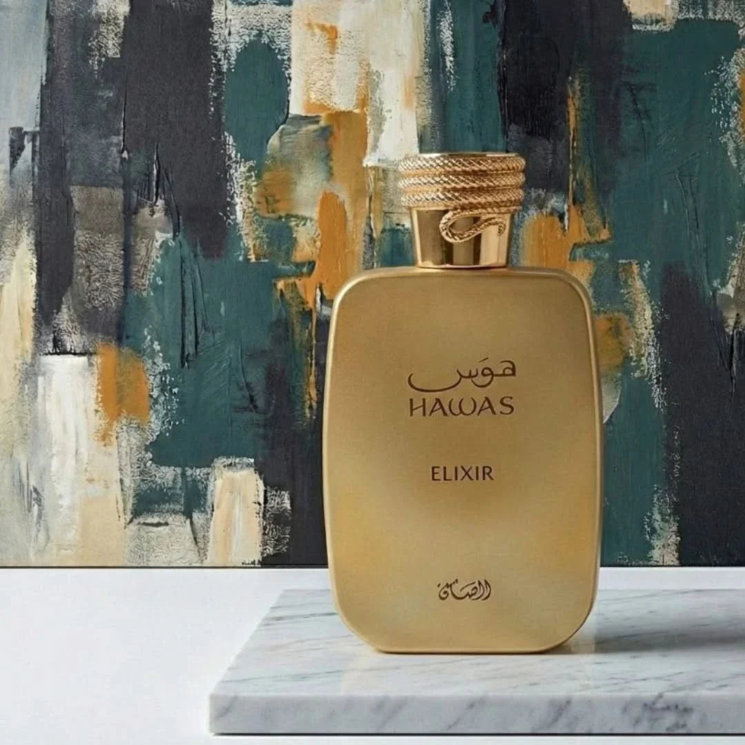 Rasasi Hawas Elixir Eau de Parfum spray bottle, 100ml (3.4 oz), with elegant packaging and branding visible.