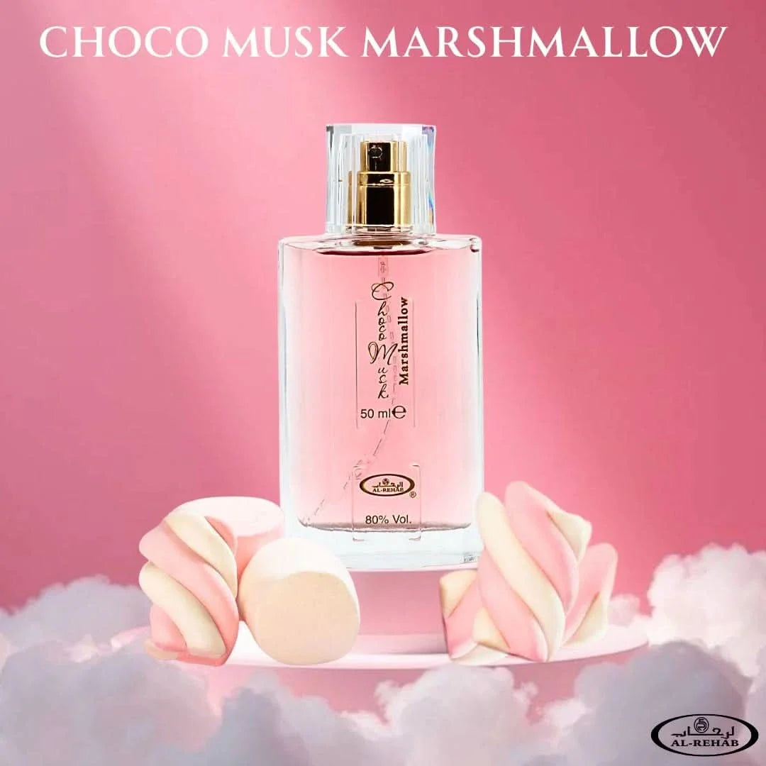 Al Rehab Choco Musk Marshmallow Eau De Parfum spray bottle, 50ml, showcasing the sleek design of this fruity and sweet fragrance.