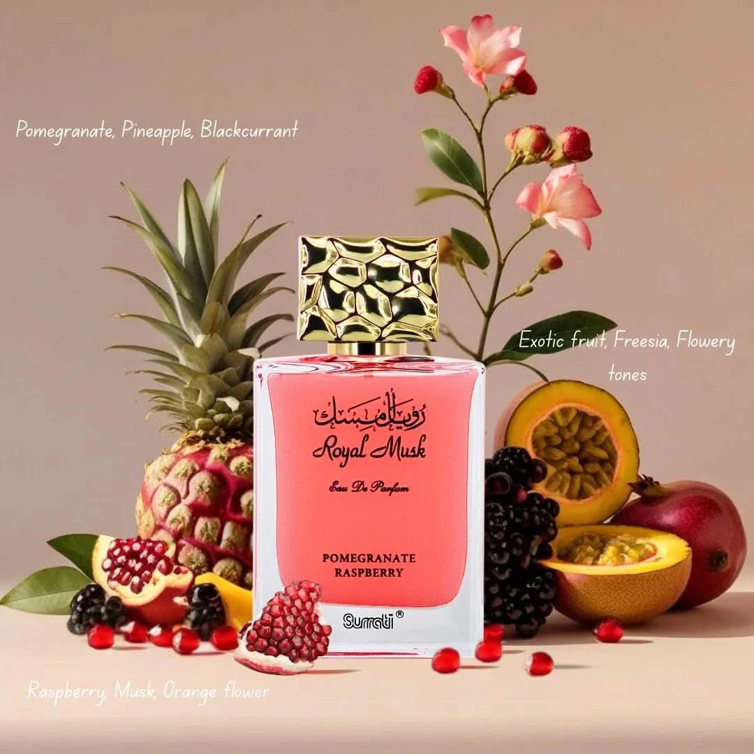 Surrati Royal Musk Pomegranate Raspberry Eau de Parfum spray bottle, 100ml, with elegant packaging and floral fruit design.