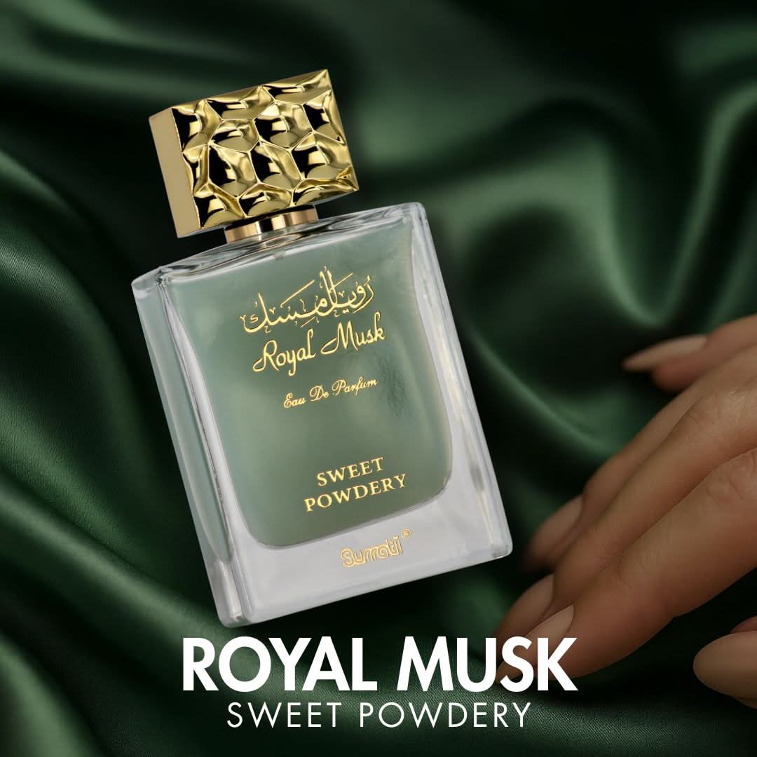 Surrati Royal Musk Sweet Powdery Eau de Parfum spray bottle, 100ml, with elegant packaging and floral notes visible.