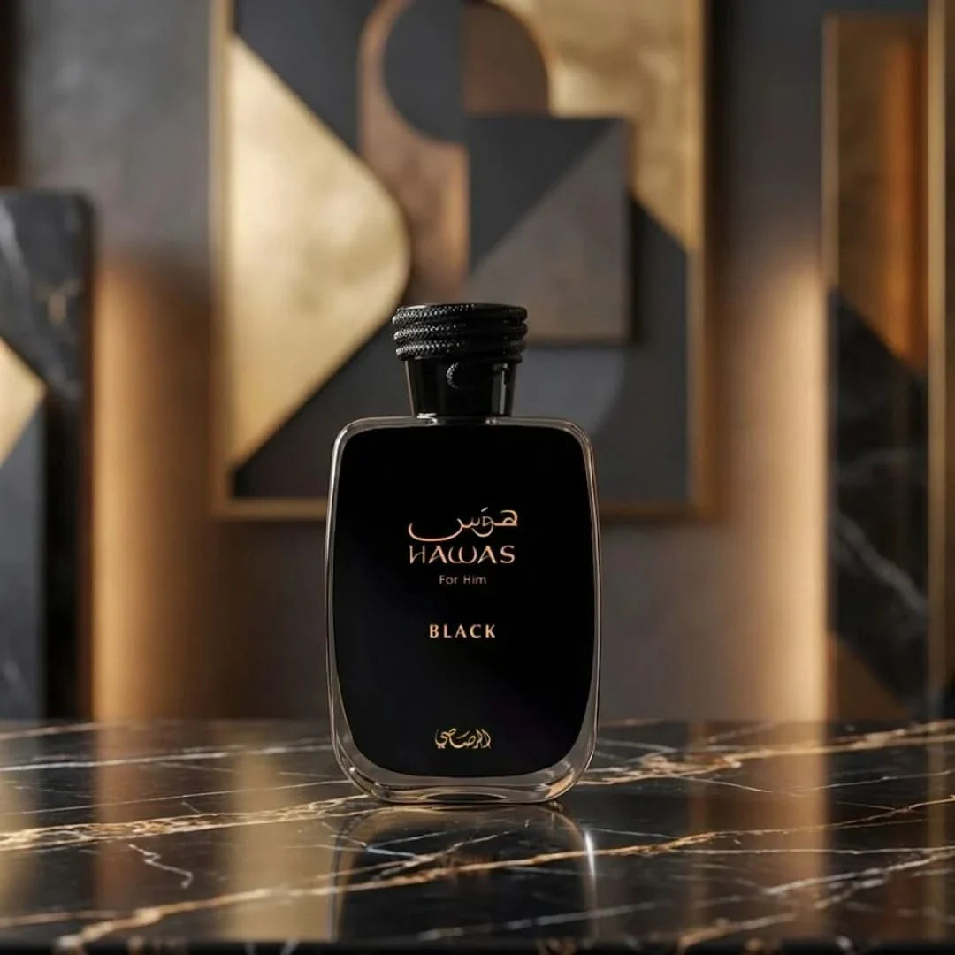 Hawas Black Eau de Parfum spray by Rasasi, 100ml bottle, sleek black packaging, elegant design, and fragrance details visible.