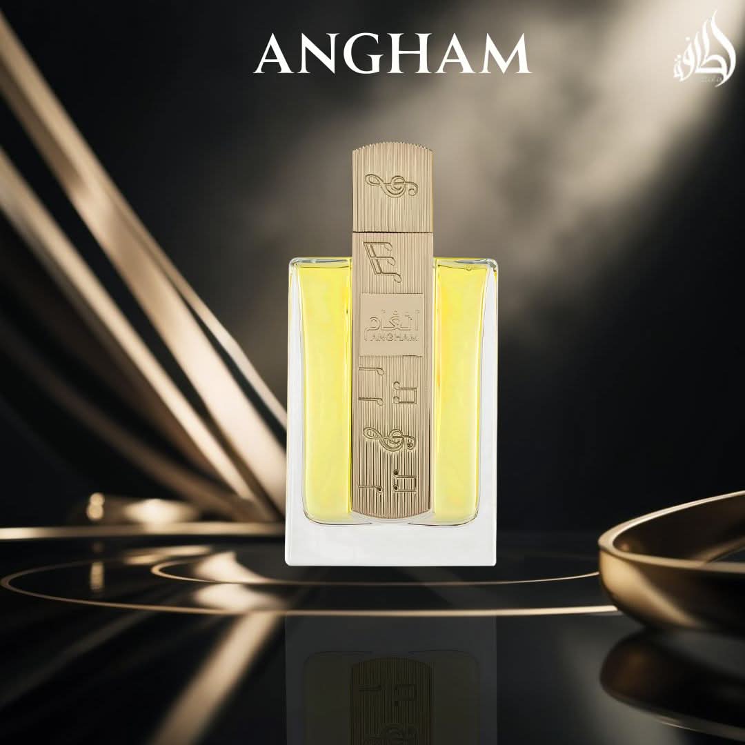 Lattafa Angham Eau de Parfum spray 100ml bottle, elegant design, showcasing the fragrance container for this popular EDP.