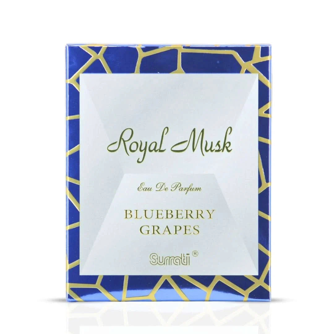 Surrati Royal Musk Blueberry Grapes Eau de Parfum spray bottle, 100ml, with elegant packaging and floral design.