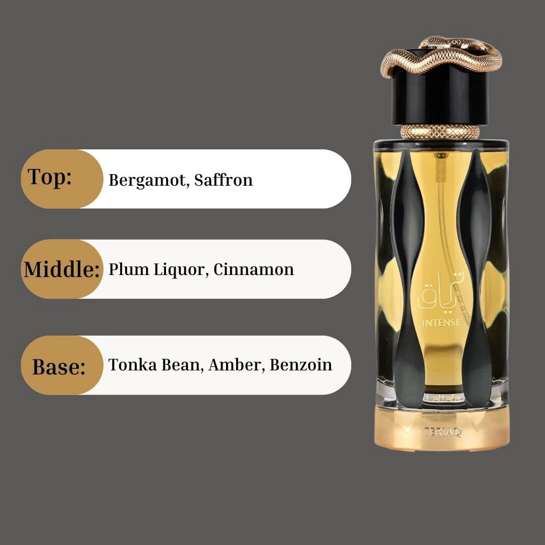 Lattafa Teriaq Intense Eau de Parfum spray 100ml bottle with elegant packaging and fragrance details.