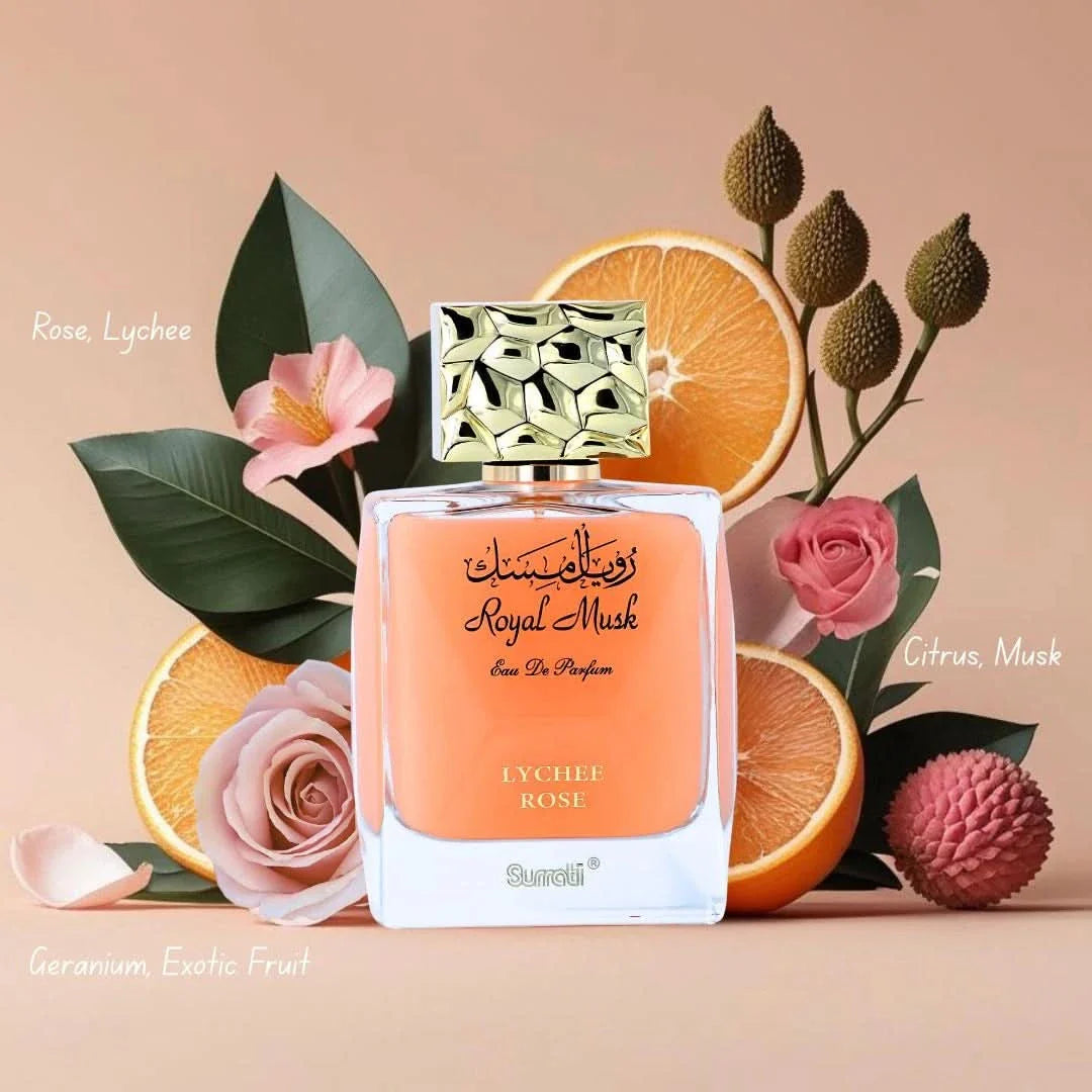 Surrati Royal Musk Lychee Rose Eau de Parfum spray bottle, 100ml, featuring floral and musky fragrance design.