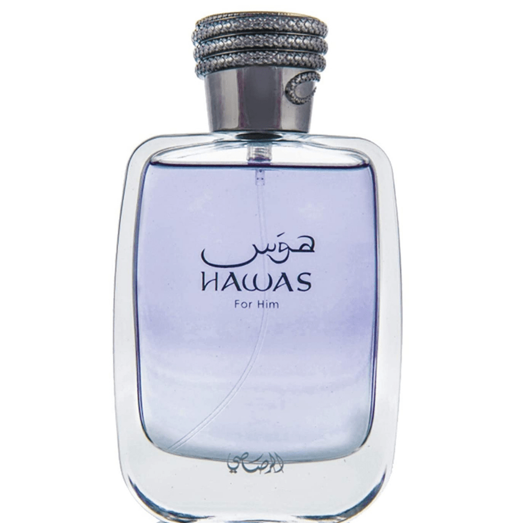 Rasasi Hawas for Men Eau de Parfum spray bottle, 100ml, featuring sleek design and fragrance details visible on the packaging.