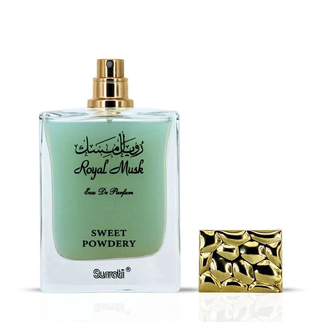 Surrati Royal Musk Sweet Powdery Eau de Parfum spray bottle, 100ml, with elegant packaging and floral design.