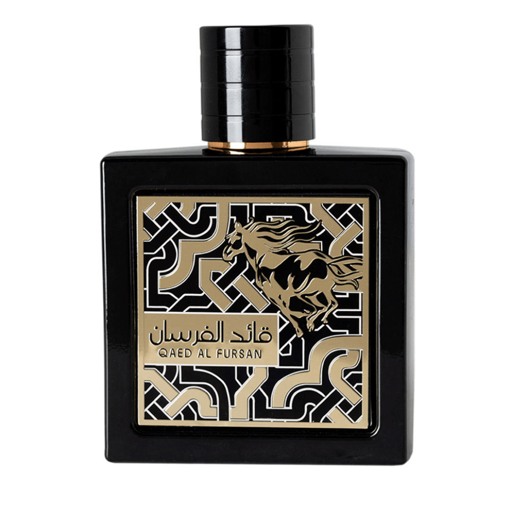 Qaed Al Fursan Eau de Parfum spray by Lattafa, 90ml bottle, elegant design with a dark-colored cap and decorative label.