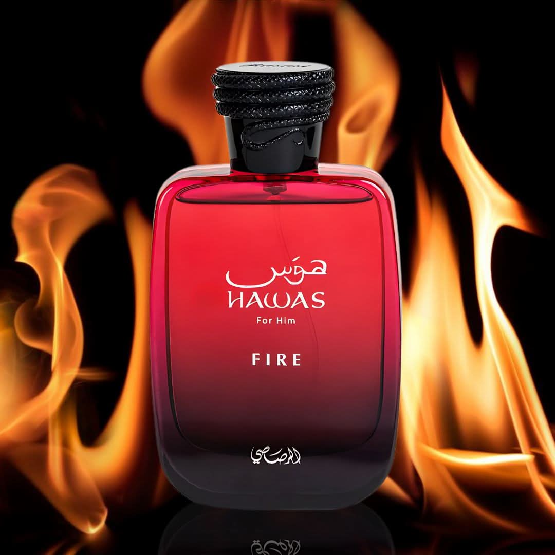 Rasasi Hawas Fire for Him Eau de Parfum spray 100ml bottle, sleek design with orange and black accents, depicting the fragrance packaging.