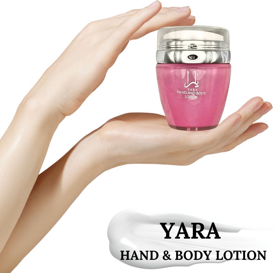 Yara Hand & Body Lotion by Ard Al Zaafaran, 45ml bottle, with creamy texture and elegant packaging, designed for nourishing skin.