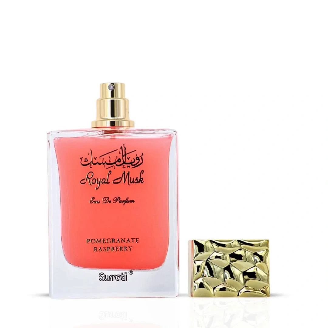 Surrati Royal Musk Pomegranate Raspberry Eau de Parfum spray 100ml bottle with elegant packaging and floral fruit design.