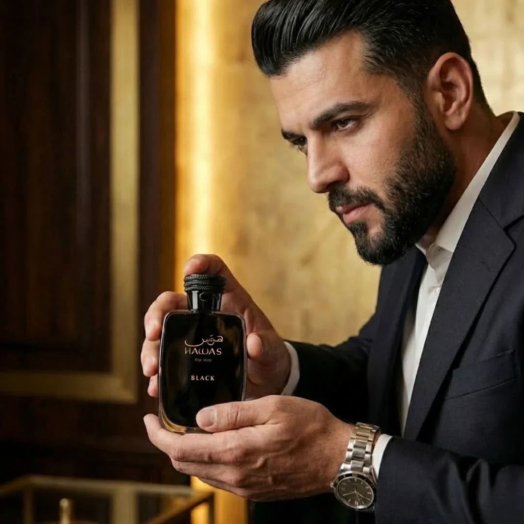 Hawas Black Eau de Parfum Spray by Rasasi, 100ml, featuring sleek black bottle with modern design and elegant branding.