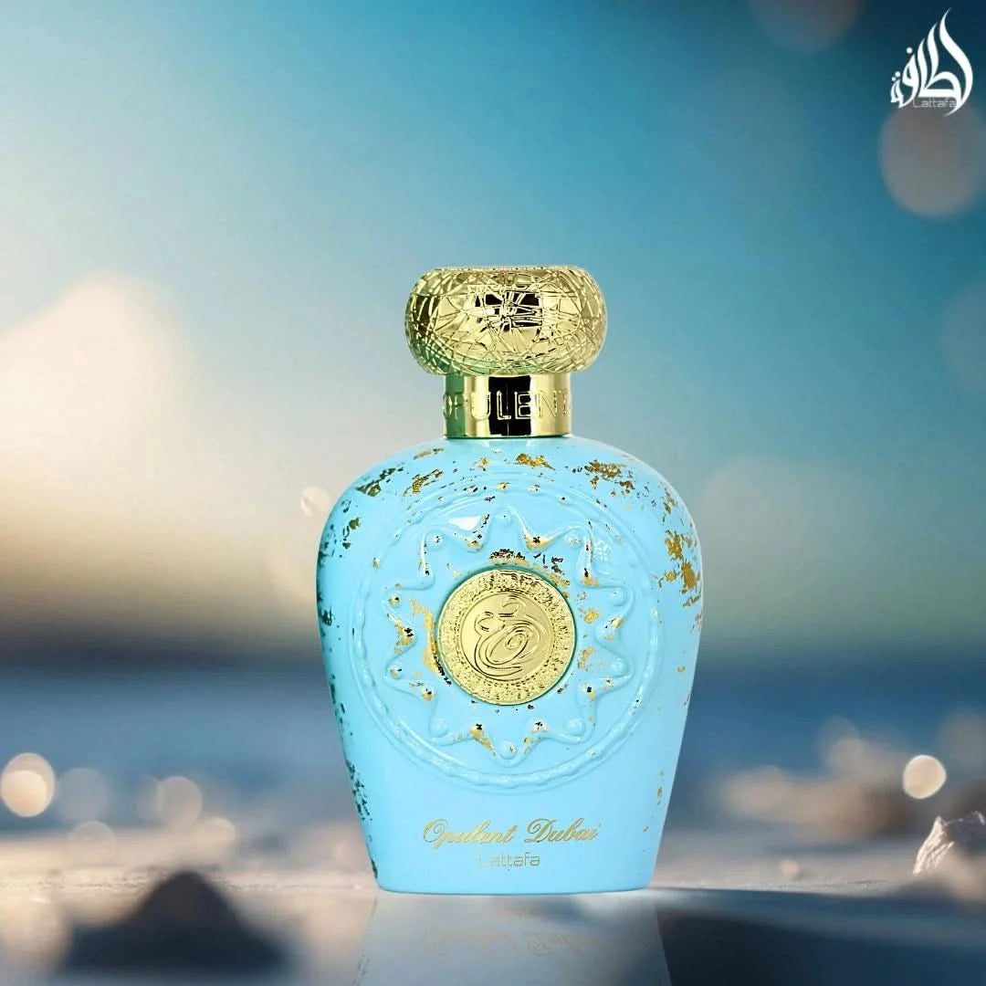 Lattafa Opulent Dubai Eau de Parfum spray bottle, 100ml, elegant packaging with floral and oriental fragrance notes visible.