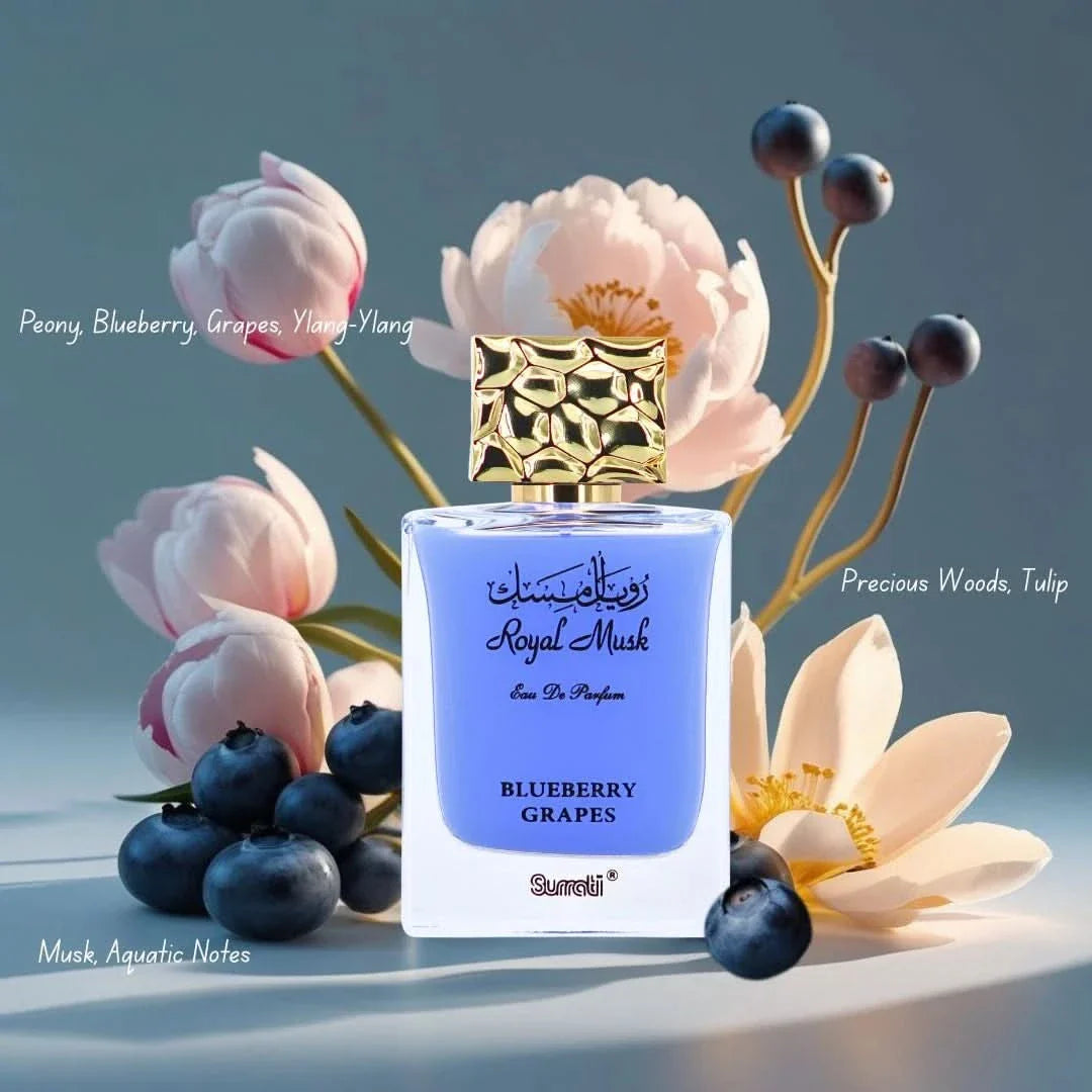 Surrati Royal Musk Blueberry Grapes Eau de Parfum spray bottle, 100ml, featuring elegant packaging with a floral and fruit design.