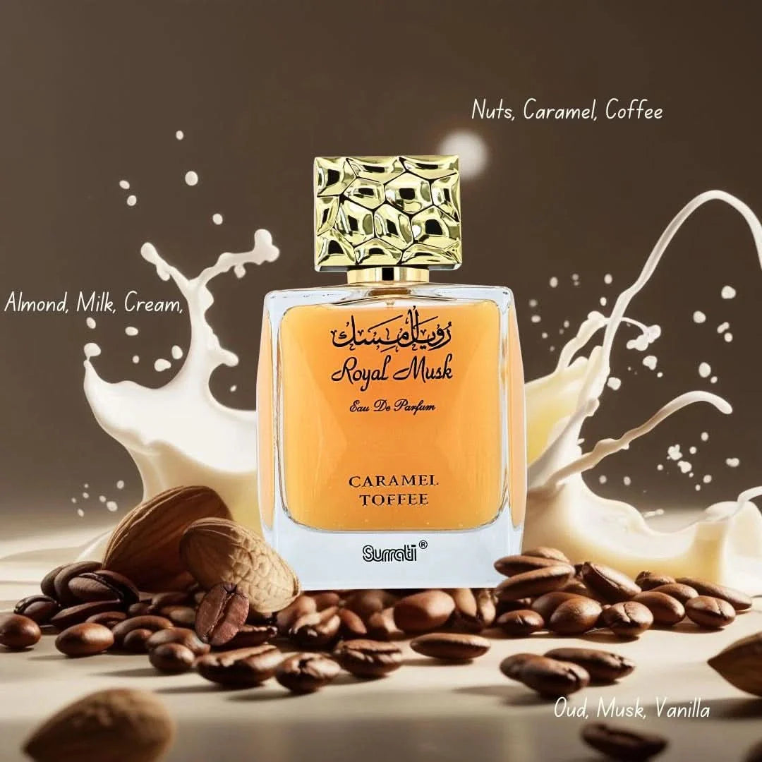 Surrati Royal Musk Caramel Toffee Eau de Parfum spray 100ml bottle, showcasing elegant packaging and fragrance label.