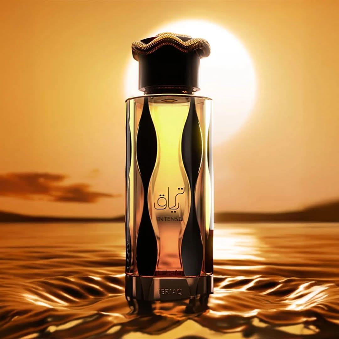 Lattafa Teriaq Intense Eau de Parfum spray 100ml, elegant bottle with gold accents and dark fragrance liquid inside.