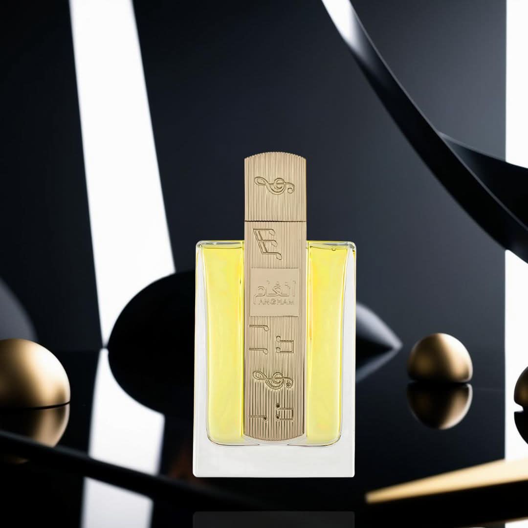 Lattafa Angham Eau de Parfum Spray 100ml bottle with elegant packaging, showcasing the luxurious fragrance container.