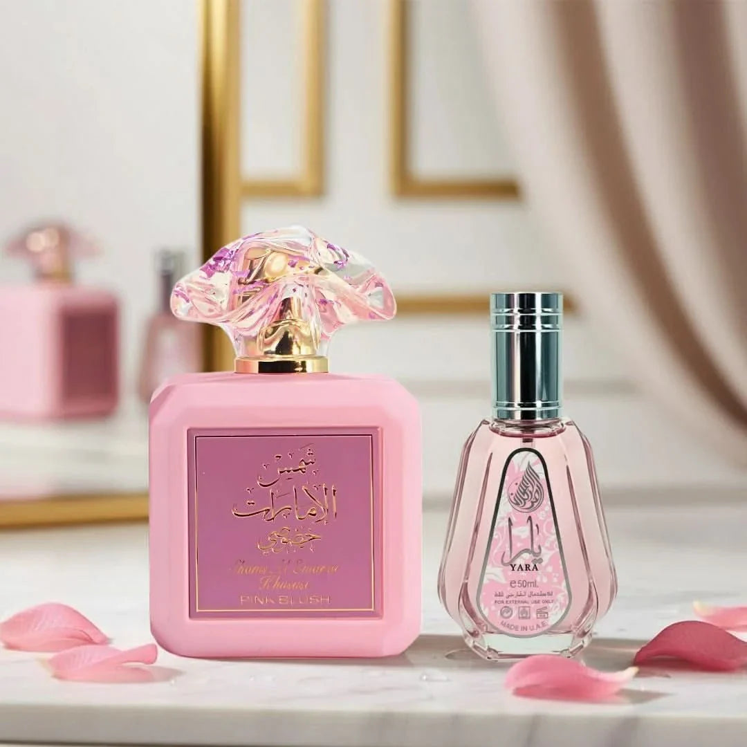 Bundle of Ard Al Zaafaran Pink Blush Shams Al Emarat 100ml and Yara 50ml Eau de Parfum sprays, featuring floral and fruity scents.