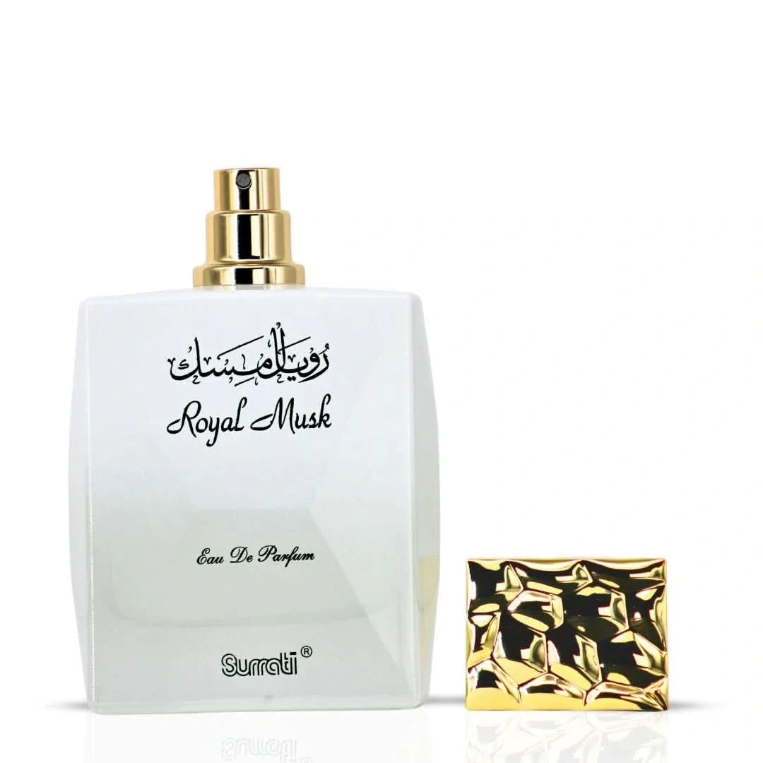 Surrati Royal Musk Eau de Parfum spray bottle, 100ml, with elegant packaging and sleek design.