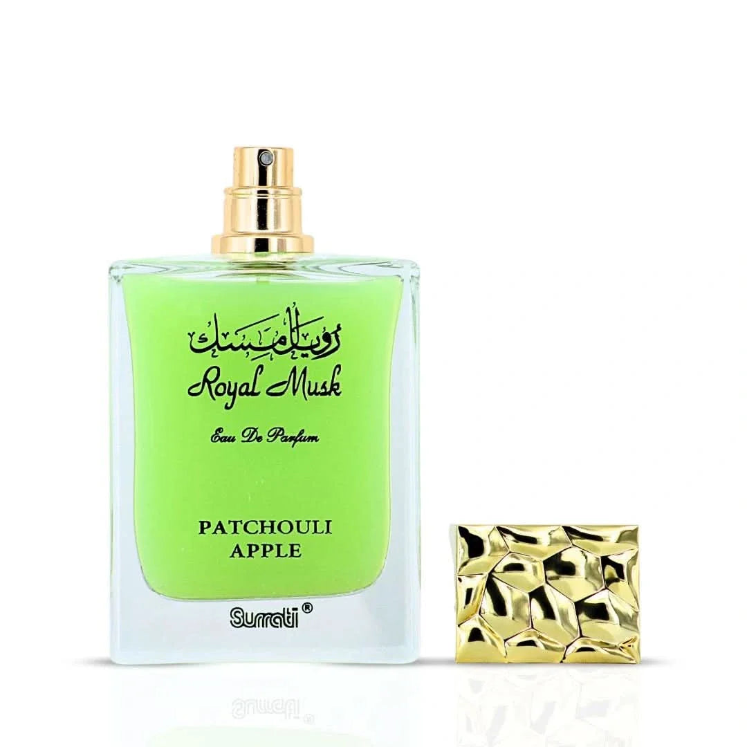Surrati Royal Musk Patchouli Apple Eau de Parfum spray bottle, 100ml, with elegant packaging and perfume design in the image.