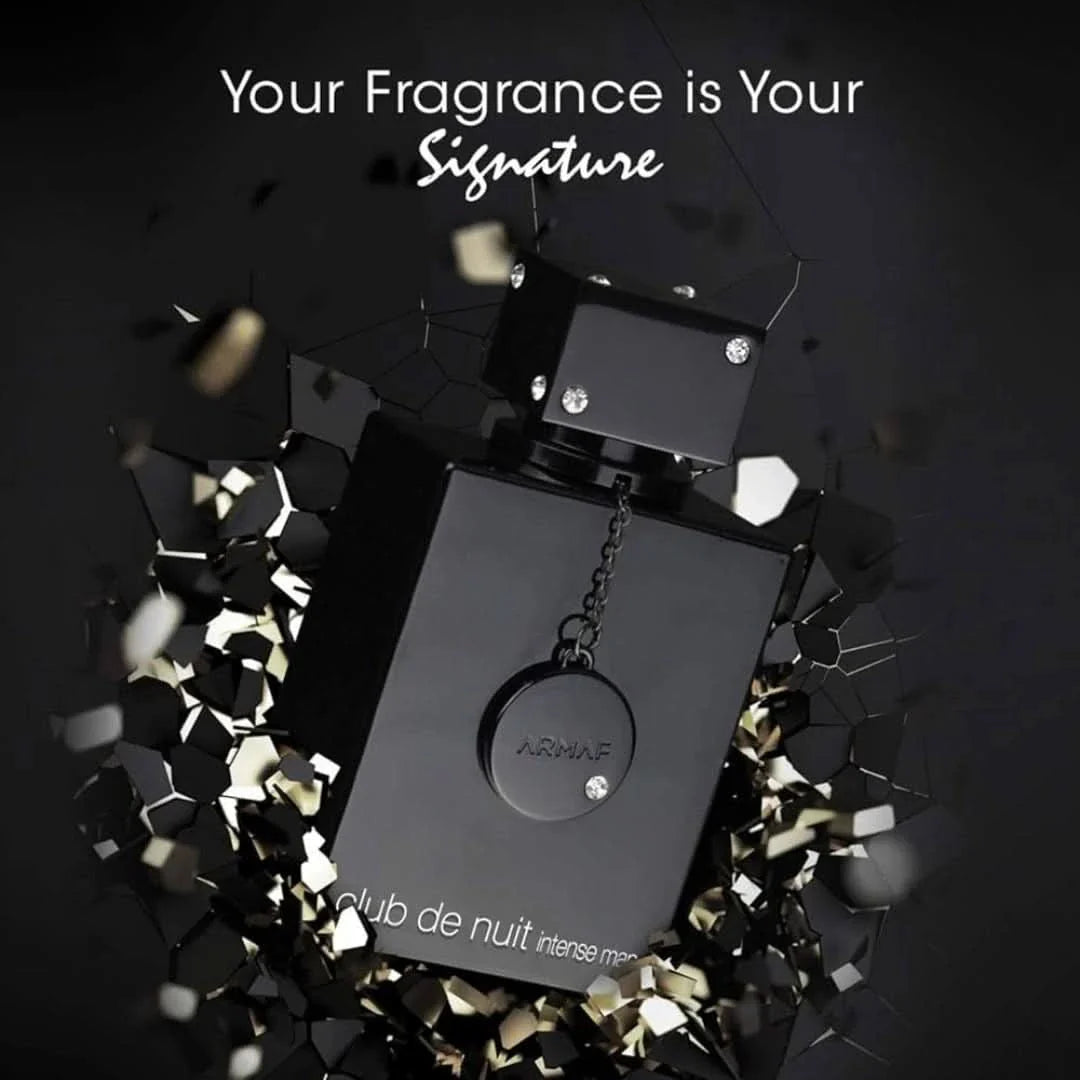 Armaf Club De Nuit Intense Man Eau de Parfum spray bottle, 200ml, sleek black design with silver accents, showcasing the fragrance.