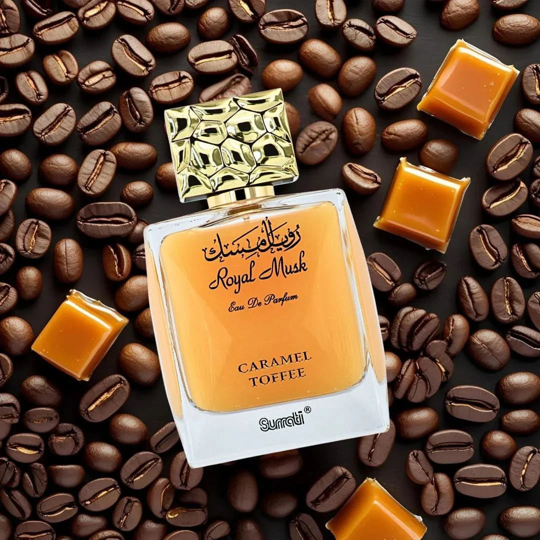 Surrati Royal Musk Caramel Toffee Eau de Parfum spray bottle, 100ml, with elegant design and gold accents.