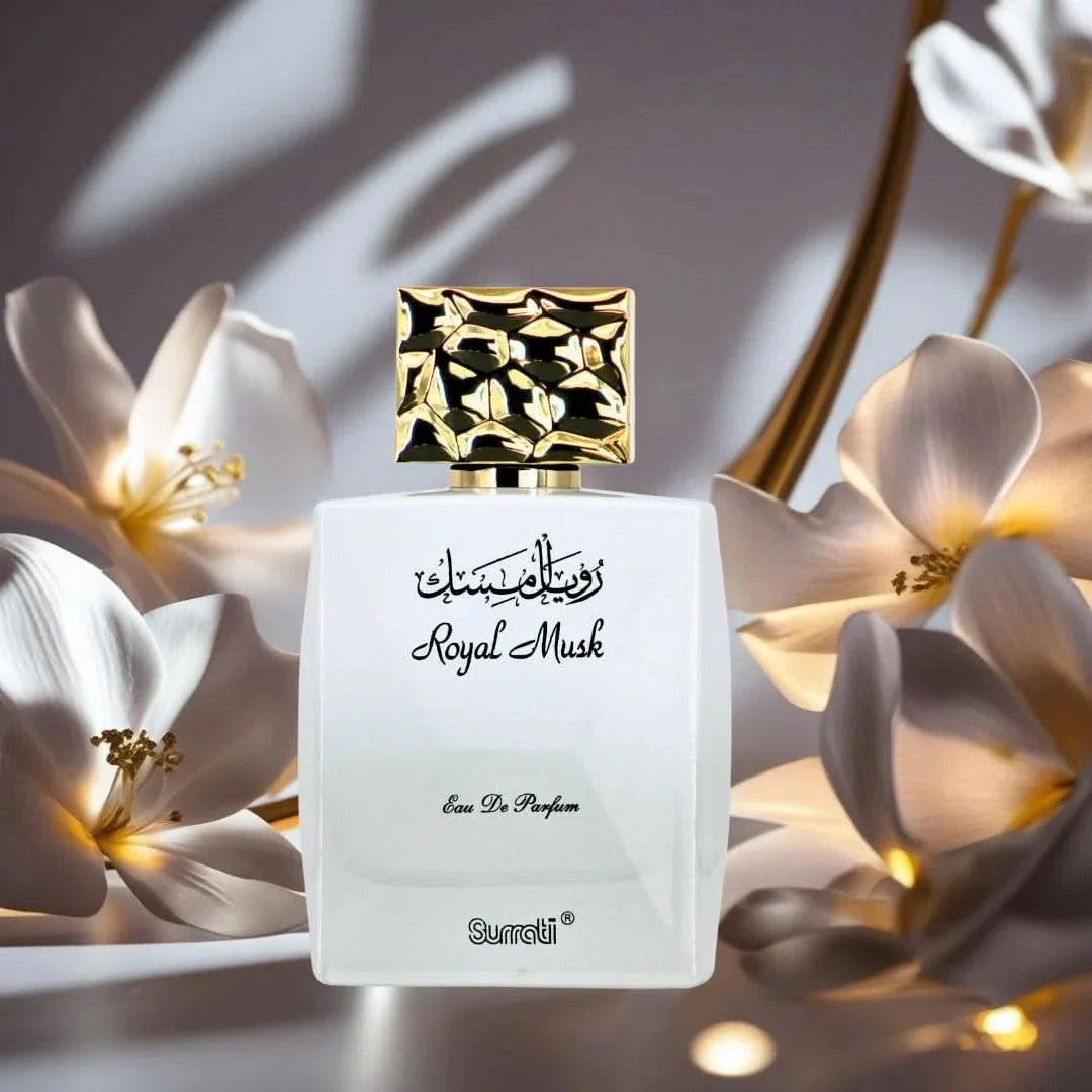 Surrati Royal Musk Eau de Parfum spray 100ml bottle with elegant packaging and a sleek design.