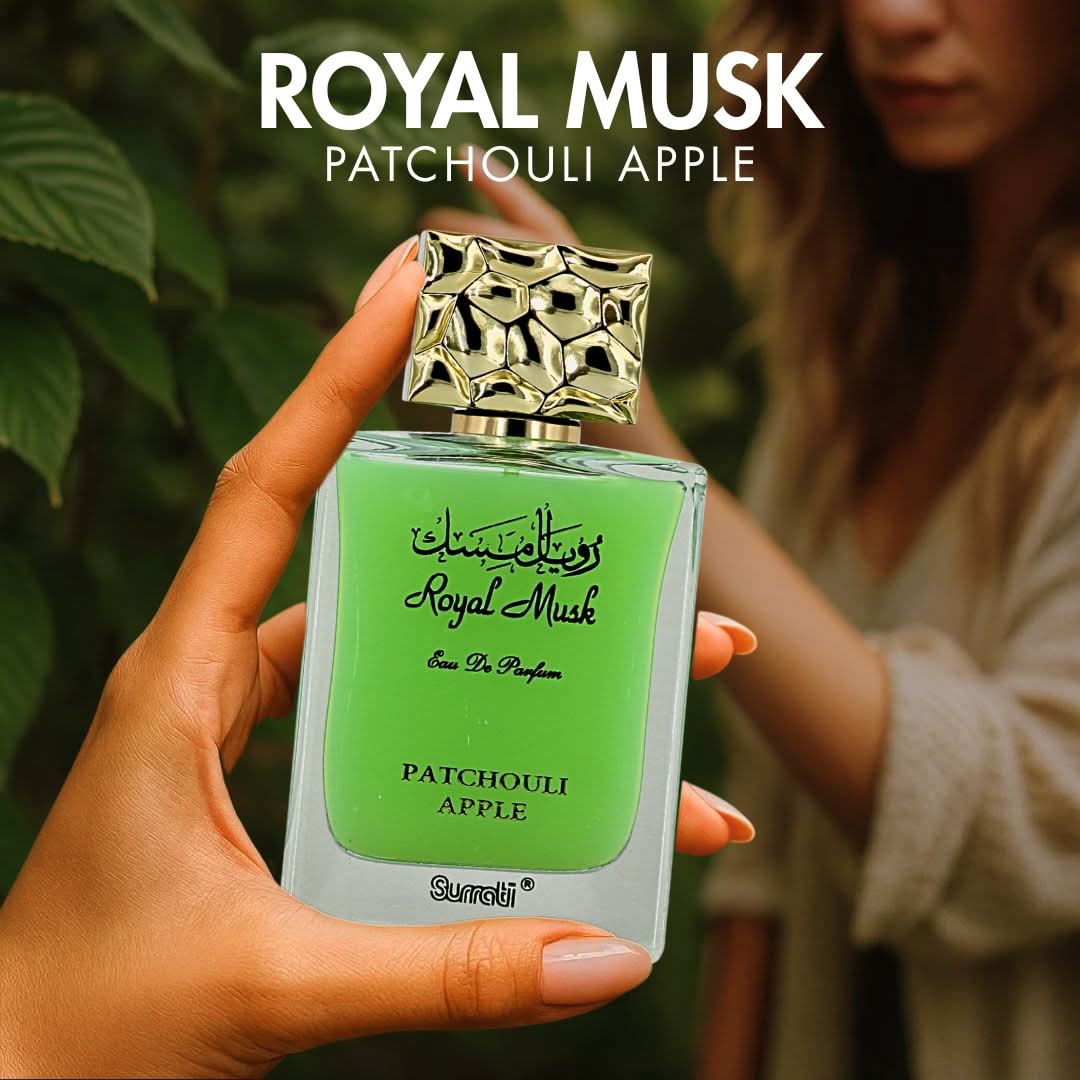 Surrati Royal Musk Patchouli Apple Eau de Parfum spray bottle with elegant packaging and floral design, 100ml (3.4 oz).