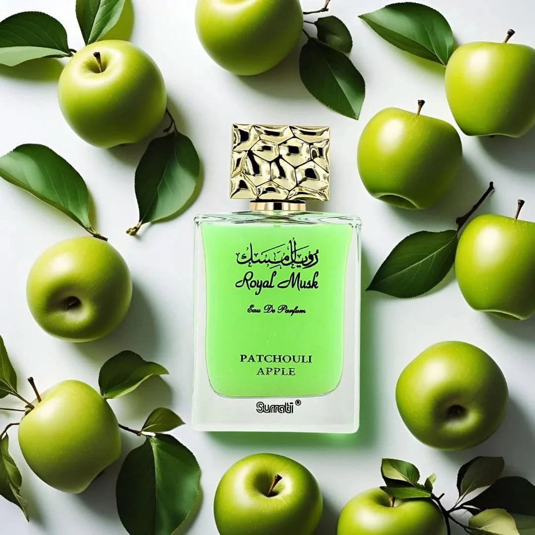 Surrati Royal Musk Patchouli Apple Eau de Parfum spray bottle, 100ml, featuring elegant packaging and a luxurious fragrance design.