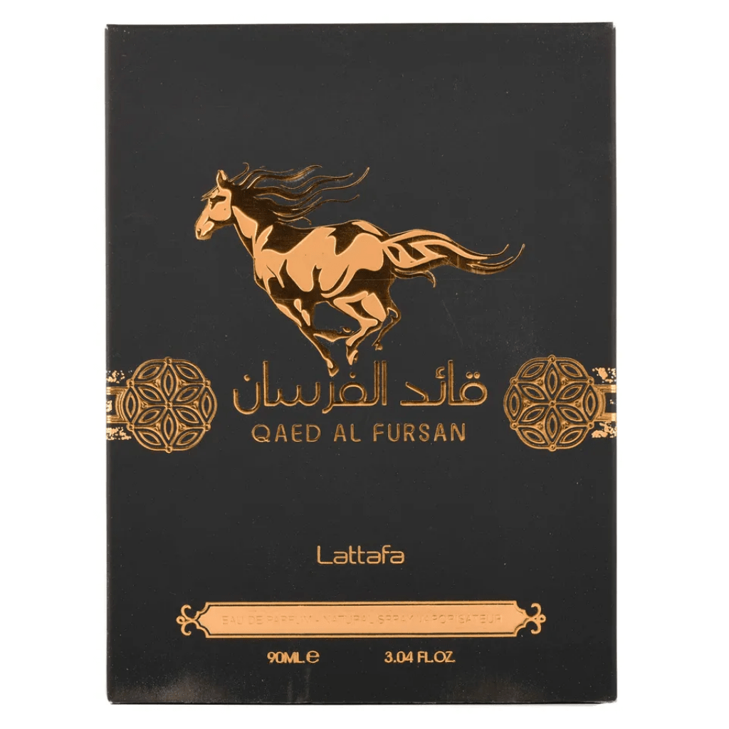 Qaed Al Fursan Eau de Parfum spray by Lattafa, 90ml bottle with elegant packaging, showcasing the fragrance design.