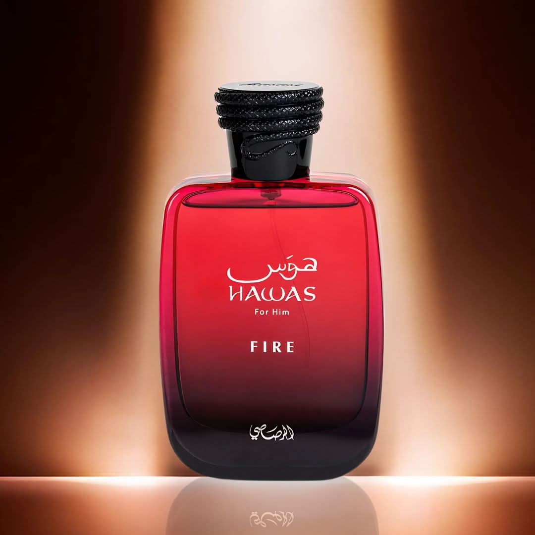 Rasasi Hawas Fire for Him Eau de Parfum spray 100ml bottle, sleek design with a dark amber and gold accents.