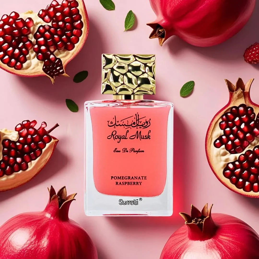 Surrati Royal Musk Pomegranate Raspberry Eau de Parfum spray bottle, 100ml, with a sleek design and luxurious fragrance presentation.