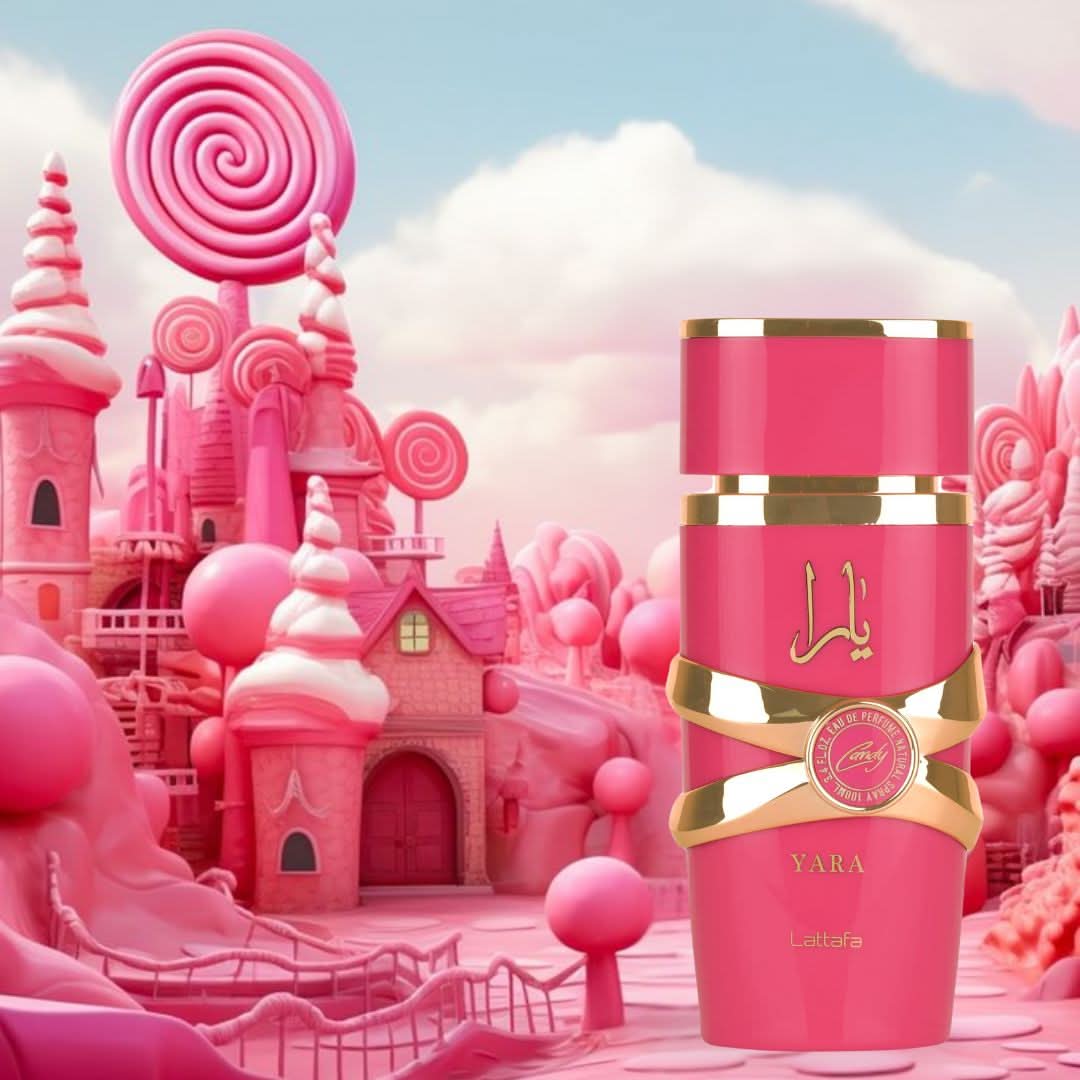 Yara Candy Eau de Parfum spray by Lattafa, 100ml bottle with decorative packaging, showcasing elegant design and fragrance essence.