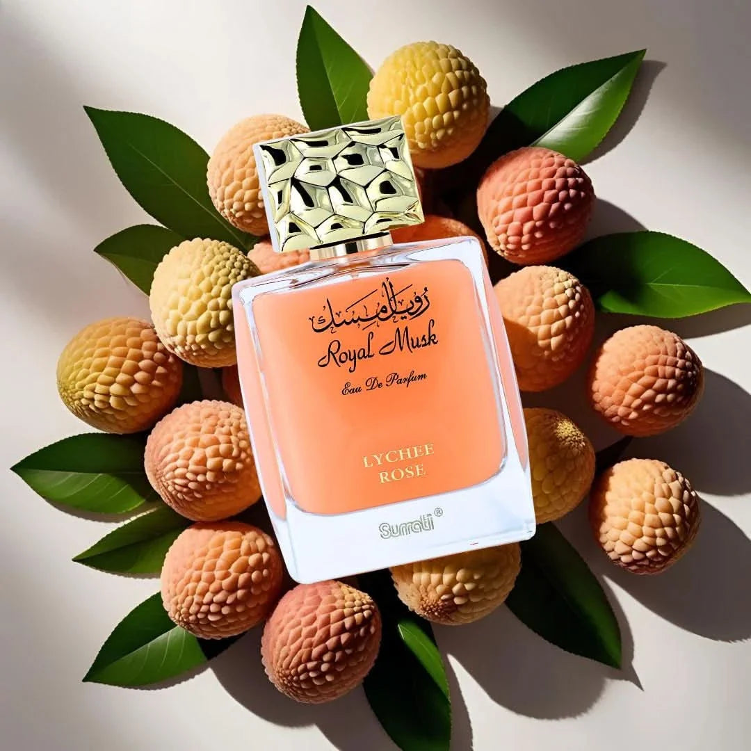 Surrati Royal Musk Lychee Rose Eau de Parfum spray bottle, 100ml, with floral and musky scent, elegant fragrance packaging