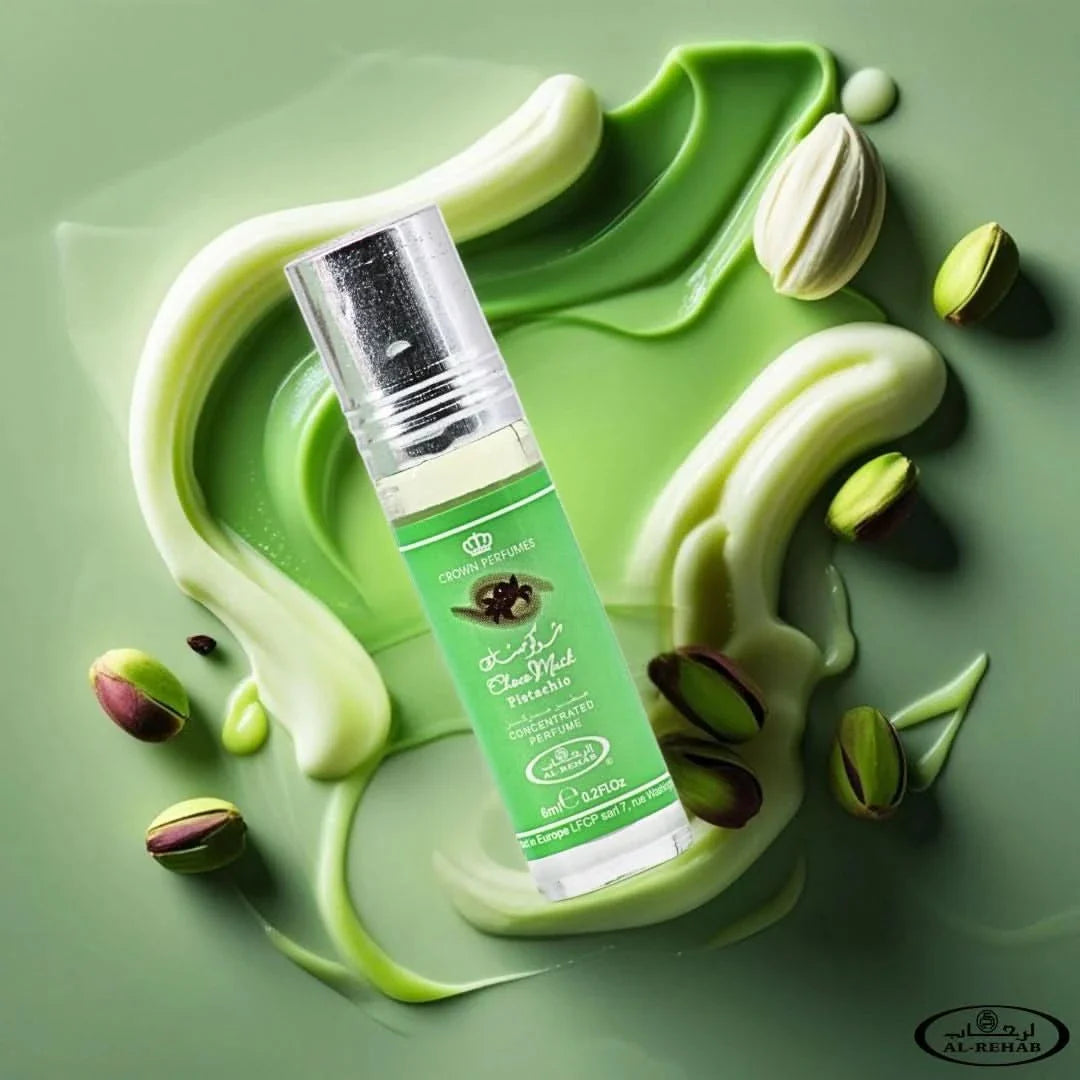 Bundle of three Al Rehab Choco Musk Pistachio perfume oil vials, 6ml each, featuring dark-colored glass bottles with spray caps.